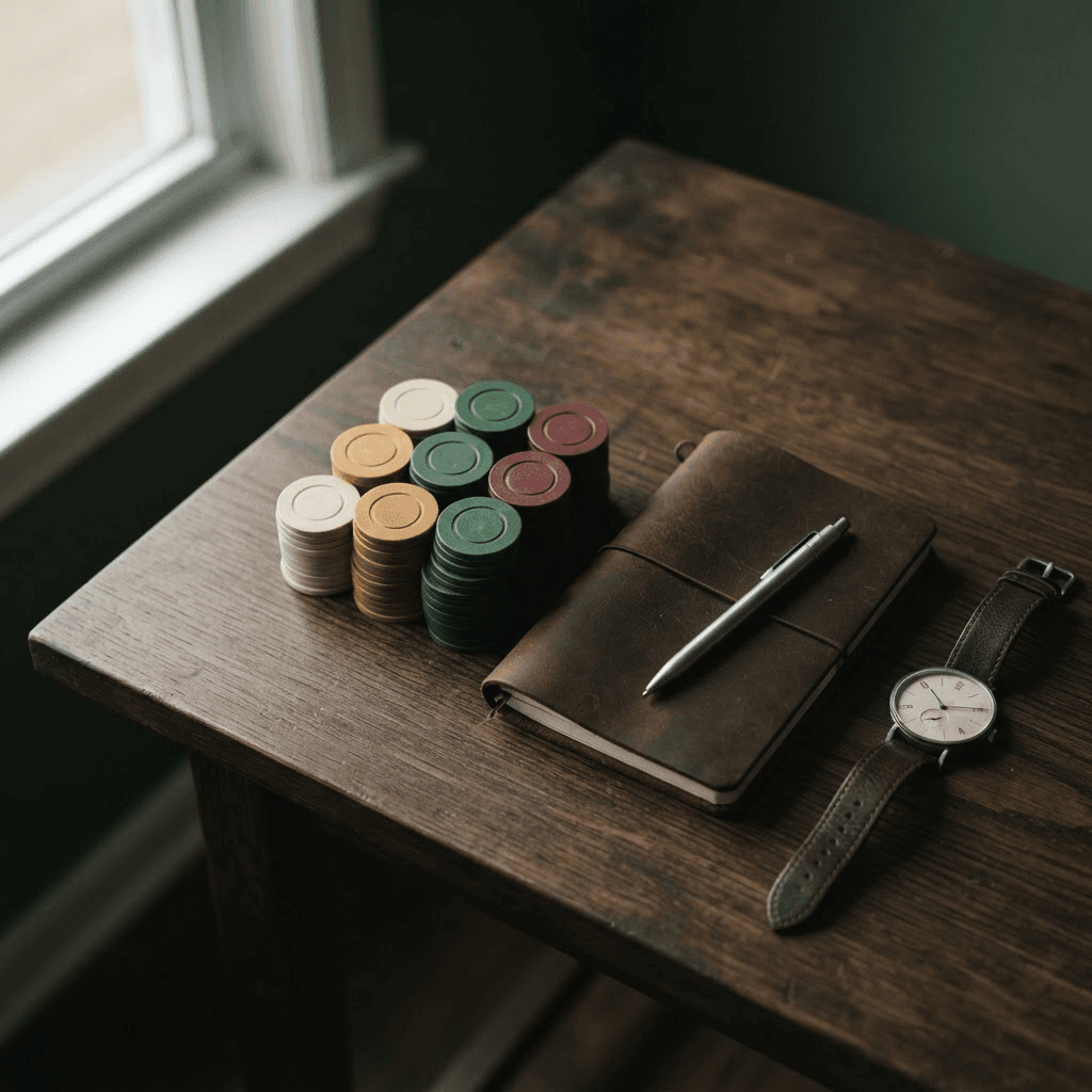 A short stack of poker chips sorted by colour on a dark wooden desk beside a closed leather notebook, pen and wristwatch in soft morning light.