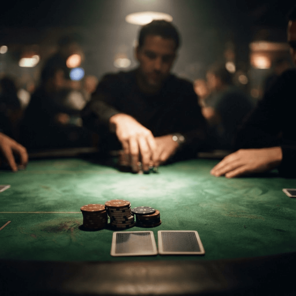 A low view across a green felt poker table in a dim card room, with chips and face-down hole cards in the foreground and opponents’ hands resting on the felt beyond.