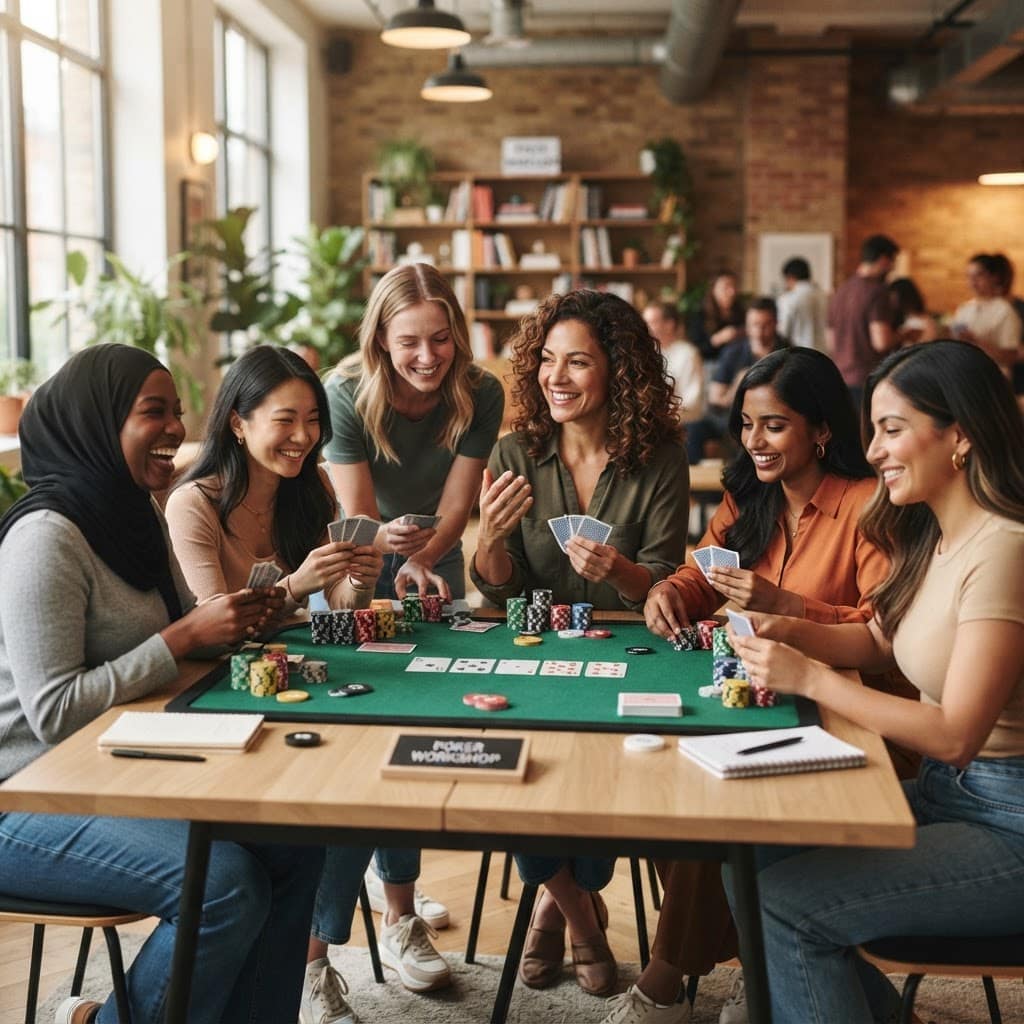 Women learning poker together in a coaching session